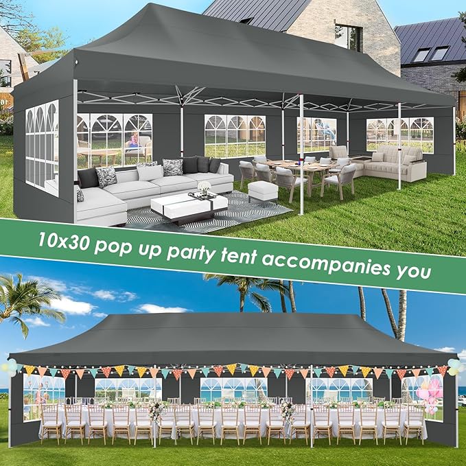 COBIZI Canopy Tent 10x30 Pop Up Canopy with 8 Removable Sidewalls Party Tents for Parties Wedding Patio Commercial Waterproof and UV50+ Ez Outdoor Instant Gazebo with Roller Bag & 4 Sandbags（Grey）