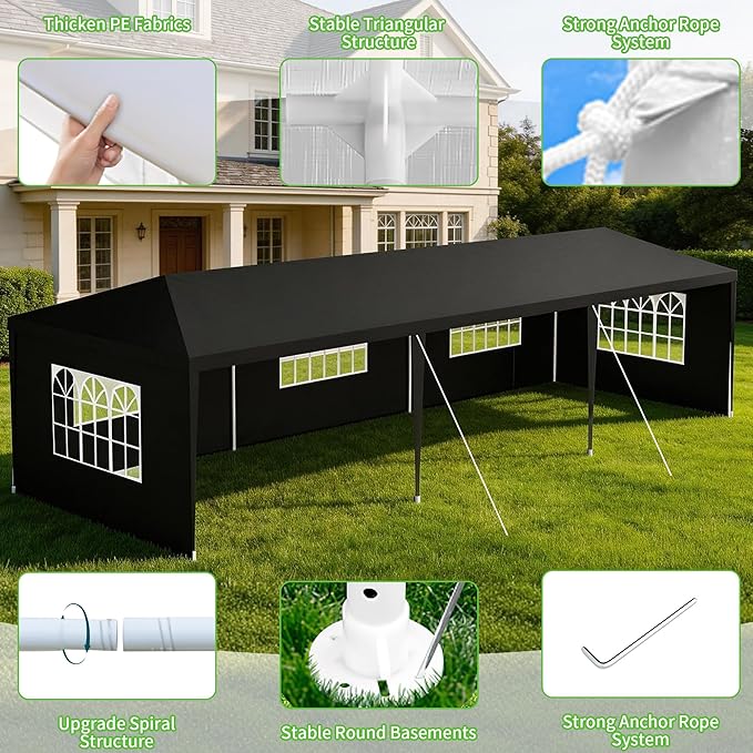 10' x 30' Outdoor Canopy Tents with 5 Detachable Sidewalls, Black Patio Gazebo Tents, Shade Shelters for Birthday, Events, Party, Wedding, Gatherings and Patio