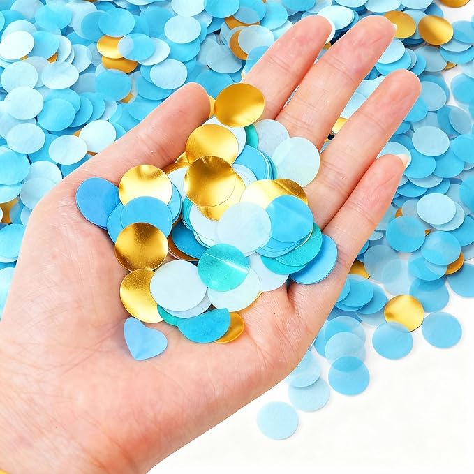 JOYIT Table Confetti 3.5 oz - Blue & Gold Foil Round Circle Dots for Table Scattering, Balloon Filling & Gift Box Decor - Perfect for Weddings, Birthdays, Graduations & Holiday Celebrations