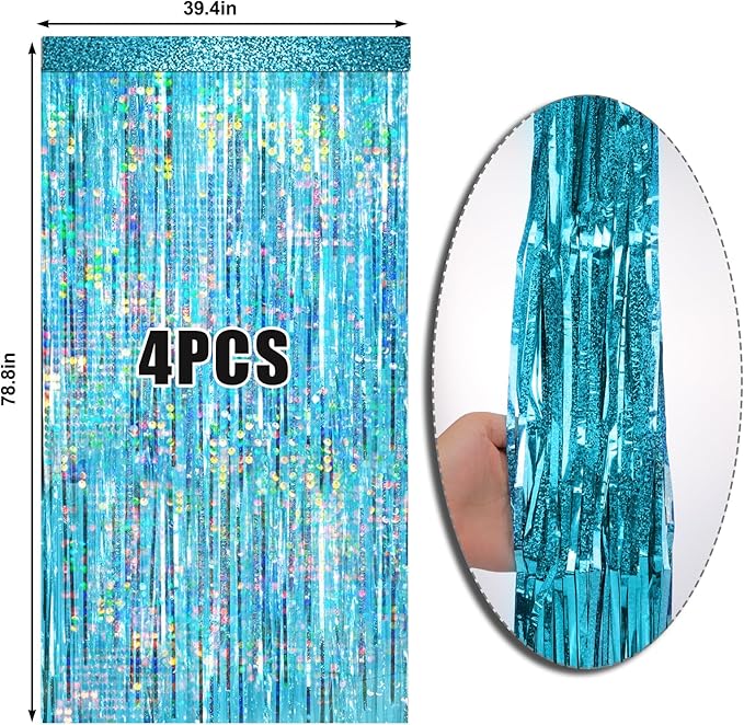 4 Packs Blue Foil Fringe Curtain, Light Blue Glitter Metallic Tinsel Backdrop for Birthday, Wedding, Baby Shower, Bachelorette, Ocean, Princess Party Decorations Supplies