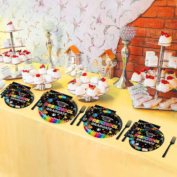 Preschool Graduation Party Supplies Pre-K Grad Tableware Set Kindergarten Graduation Plate Napkin Kindergarten Disposable Paper Dinnerware Kit for Graduate Party decoration Favor 24 Guest (Black)