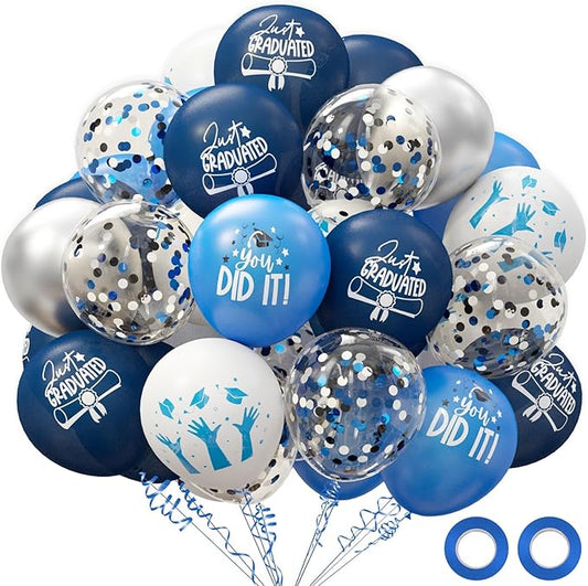 2026 Graduation Party Decorations, 70pcs Grad Balloons Blue and White Graduation Decor for College High School Class of 2026 Congrats Grad Party Decor