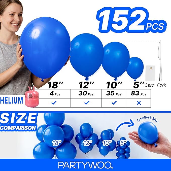 PartyWoo Royal Blue Balloons 152pcs Different Sizes Pack of 18 12 10 5 Inch Dark Blue Balloon Arch Kit for Baby Shower Gender Reveal Graduation Under The Sea Birthday Party Decorations Blue-Y5