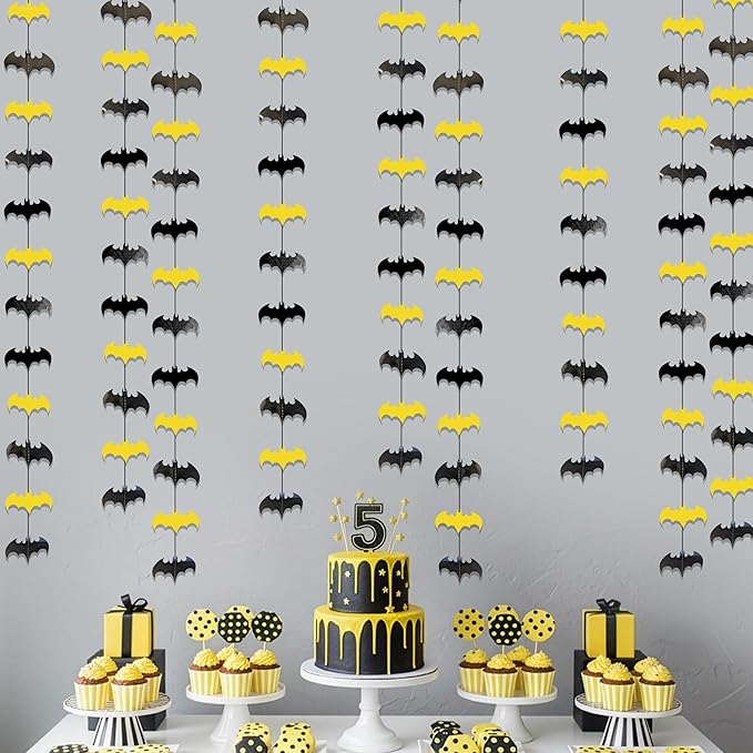 Cheerland Bat Birthday Decorations Black and Yellow Super Hero Birthday Party Supplies Bat Themed Streamers Photo Backdrop Hanging Paper Comic Book Superhero Garland Kids Party Supplies Decor 10 Pcs