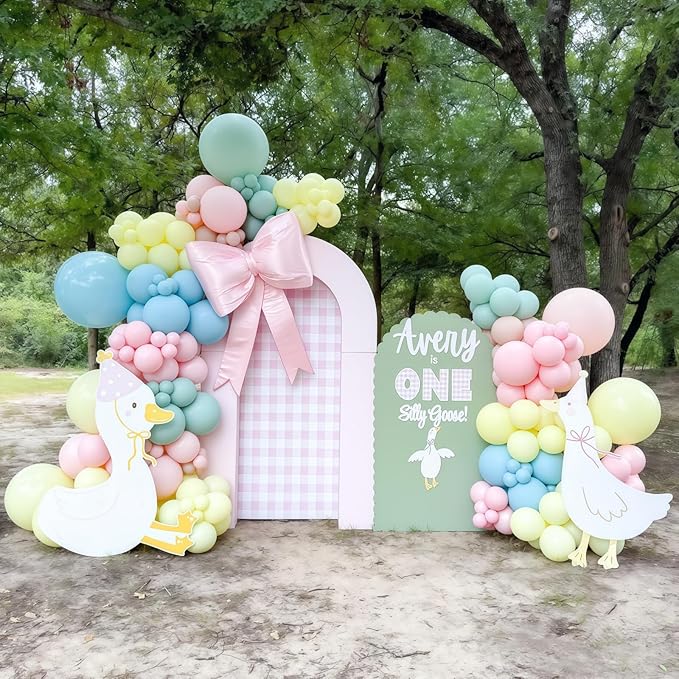 Goose Balloons Set, Pastel Pink Sage Dusty Green Light Yellow White Latex Balloons, 12 Inch Pink Green Yellow Funny Balloon for Kids One Silly Goose Birthday Party Decorations Baby Shower Farm Decor