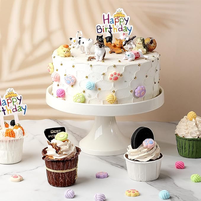 26 Pcs Cat Cake Topper Cute Figurines Happy Birthday Paw Cake Toppers Party Decoration Mini Set for Birthday Party Garden Home Shower Supplies(Cute Cat)