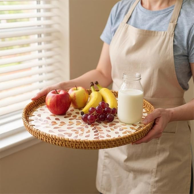 Round Rattan Tray with Mother of Pearl Inlay, Handwoven Wicker Coffee Table Serving Basket Tray for Fruit Snack Party Picnic Cafe Bedroom Kitchen Home Decor Set of 2 (Apricot Willow)