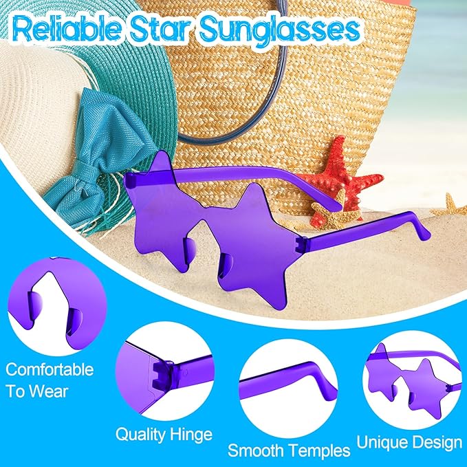 PLULON 15 Pairs Star Sunglasses Rimless Star Shape Sunglasses, Colorful Star Glasses Bulk Bachelorette Party for Birthday Beach Kids Adult - Purple