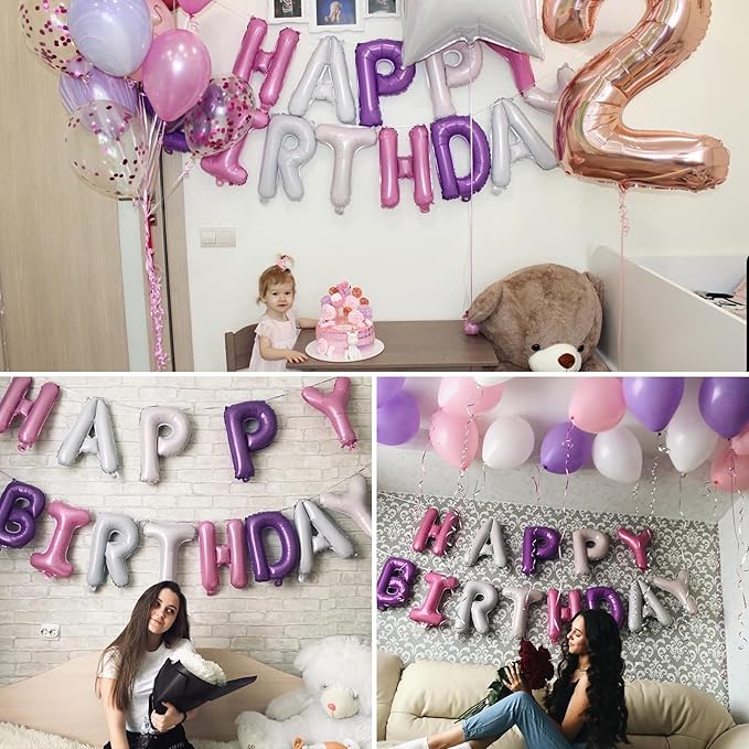 Purple Pink Happy Birthday Balloon Banner, 16 Inch Foil Mylar Happy Birthday Balloons Letters, Reusable Happy Birthday Sign, Pink and Purple Birthday Decorations for Women and Girls