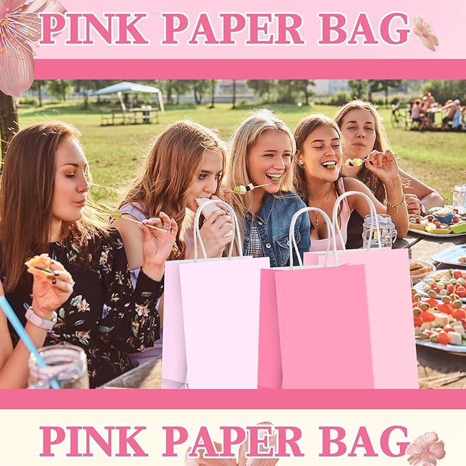Humyoun 24 Pcs Pink Paper Gift Bags with Handles 8.3" x 5.9" x 3.1" Goodies Treat Candy Bags for Holiday Party Favor Gift Wrapping Baby Shower Wedding Birthday Party Supplies