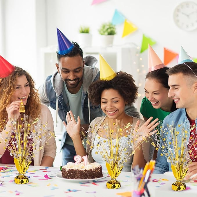 Canlierr 6 Pcs Metallic Foil Spray Centerpiece Party Happy Birthday Gold and Silver Small Star Table Decorations Burst Centerpieces with Emerald Willow Suitable for Birthday Party Season Holiday