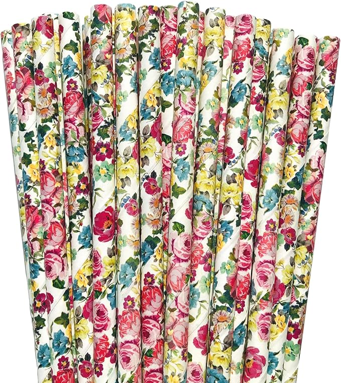 100 pcs Colorful Rose Flower Paper Straws, Green Pink Red Yellow Blue Purple Colored Floral Leaf Drinking Straws, Garden Tea Party Wedding Spring Summer Valentine Decor Cake Pop Sticks (Flower 011)