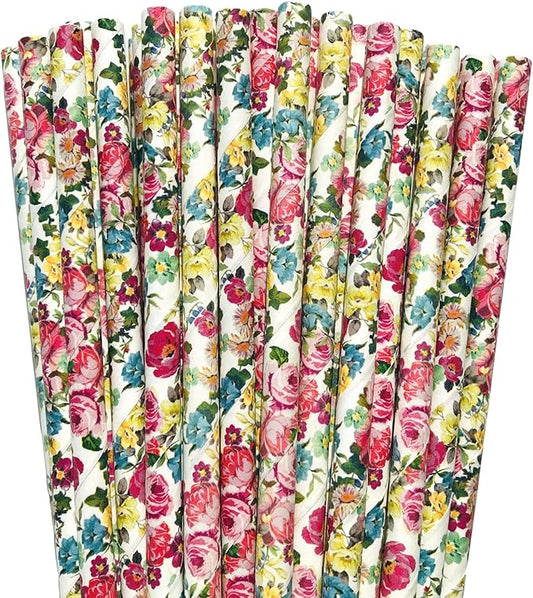 100 pcs Colorful Rose Flower Paper Straws, Green Pink Red Yellow Blue Purple Colored Floral Leaf Drinking Straws, Garden Tea Party Wedding Spring Summer Valentine Decor Cake Pop Sticks (Flower 011)