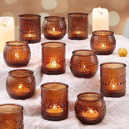 16 Pcs Assorted Amber Candle Holders- Vintage Candle Holder for Rustic/Boho Wedding Table centerpieces, Bridal Shower, Baby Shower Decoration