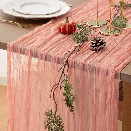 FEXIA Pink Cheesecloth Table Runner Spring Decor Easter Table Runner 35x120 Inches for Mother's Day Bridal Shower Tea Party Baby Shower Wedding Decor Table Centerpiece Decorations
