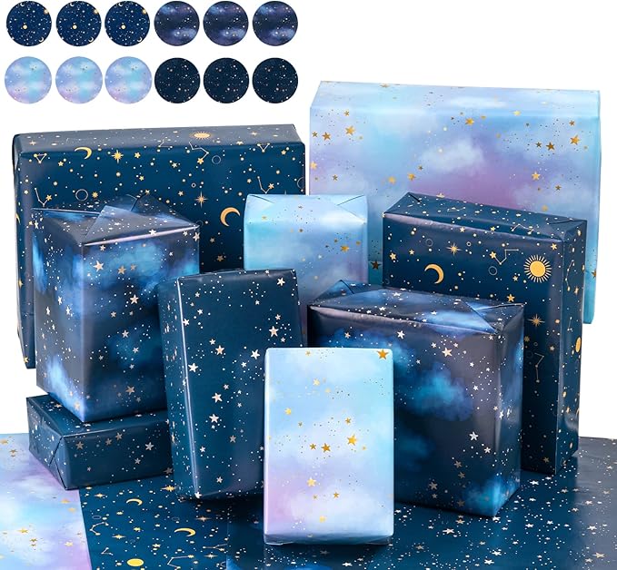 WRAPAHOLIC Neutral Galaxy Birthday Wrapping Paper Sheet - 12 Sheets Folded Flat with 12 Gift Tags for Birthday, Baby Shower, Father's Day, Christmas - 19.7 Inch X 27.5 Inch Per Sheet