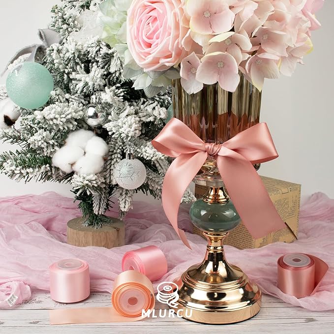 Pink Ribbon 1-1/2 Inch x 60Yards Double Faced Satin, Dusty Rose, Rose Gold, Pink Ribbon Set for Flower Bouquet Gift Wrapping, Wedding Invitation, Bridal Shower Decor, Hair Bows and Crafts