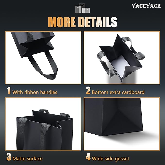 Black Gift Bags with Handles, 10 Pcs 5.25"x3.75"x8" Kraft Paper Bags for Wedding, Party, Business, Retail