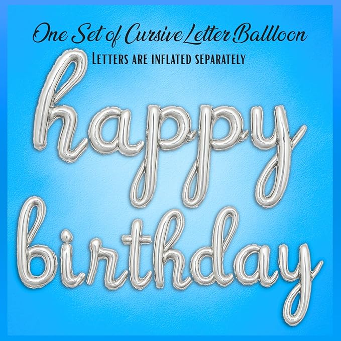 Silver Happy Birthday Balloons Banner | Script/Cursive Gold Letter Balloon Sign For Birthday Party Decor/Decoration | Foil Mylar Happy Birthday Banner