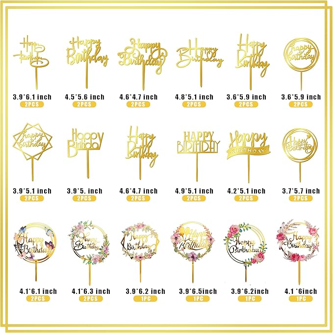 32 PCS Gold Happy Birthday Cake Toppers Flower Acrylic Birthday Cake Topper Cake Pick Decorations (Gold)