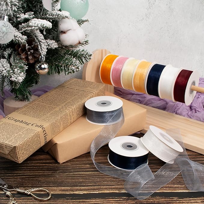 Blue and White Organza Ribbon - 1 Inch x 75 Yds - Navy, Gray, Blue, White - Clear Chiffon Tulle - Gift Wrapping, Flower Bouquet, Christmas Tree, Wedding Invitations, Bows, Crafts