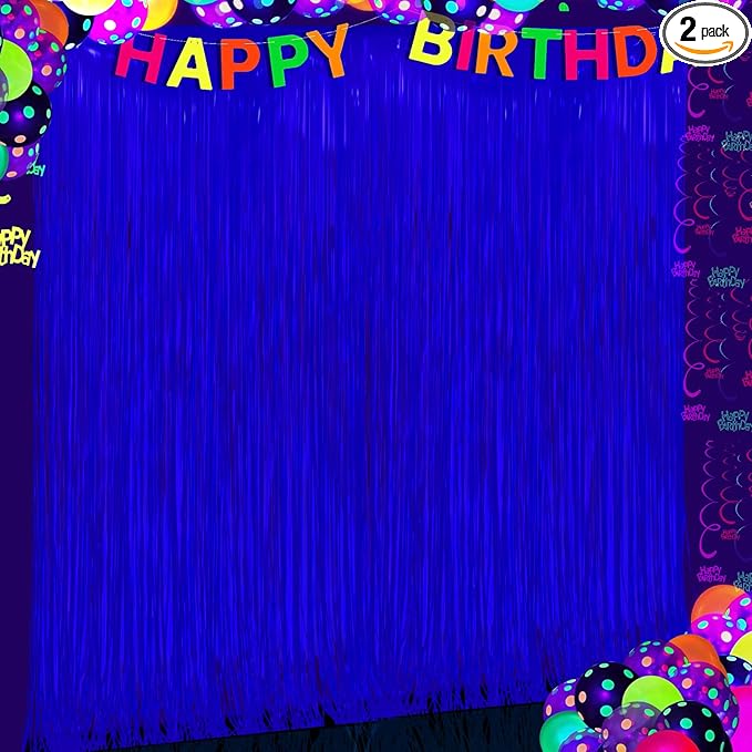 Glow in The Dark Party Supplies 2 Pack Neon Party Decorations Fluorescent Tinsel Foil Fringe Curtains Photo Booth Prop Backdrop Streamer Blacklight Decorations (Neon Blue)