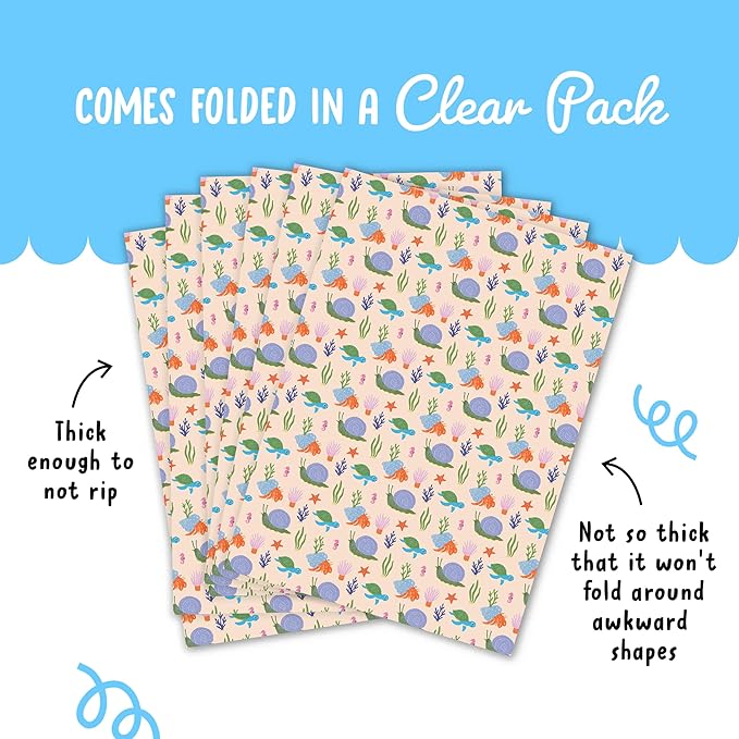 CENTRAL 23 Ocean Theme Wrapping Paper - 6 Sheets Gift Wrap for Kids or Friends - Birthday Christmas Christening - Sea Life Cute Turtles Crabs Snails Coral - Comes with Tags