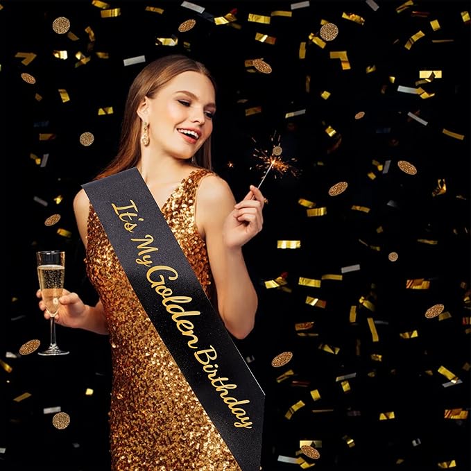 It's My Golden Birthday Sash - Black Glitter with Gold Foil Golden Birthday Sash for Women Girls Funny Party Favor Supplies Accessories