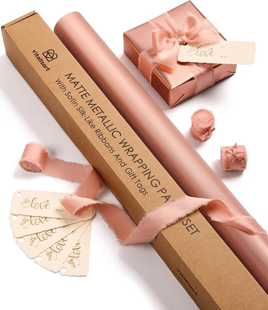 Vitalizart Pink Matte Metallic Wrapping Paper Set 30" With Silk Satin Ribbon & Gift Tags Christmas Gift Wrapping Birthday Baby Shower Wedding Bouquets Handmade Crafts 197"(16.4 Ft) Pink Ribbon