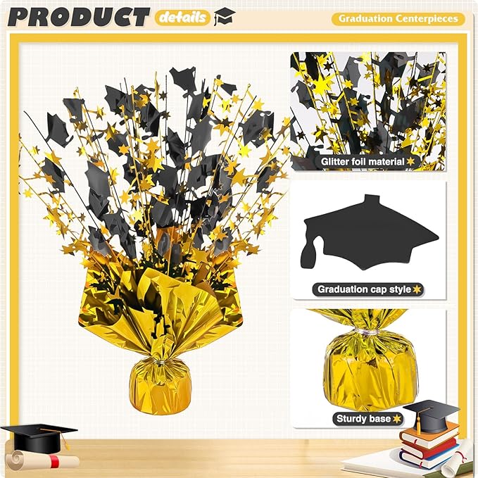 6 Packs Graduation Decorations Centerpieces for Tables Metallic Foil Star Graduate Cap Burst Tabletop Display in Black and Gold for 2026 Grad Ceremonies Celebrations Party Decor Supplies 12"