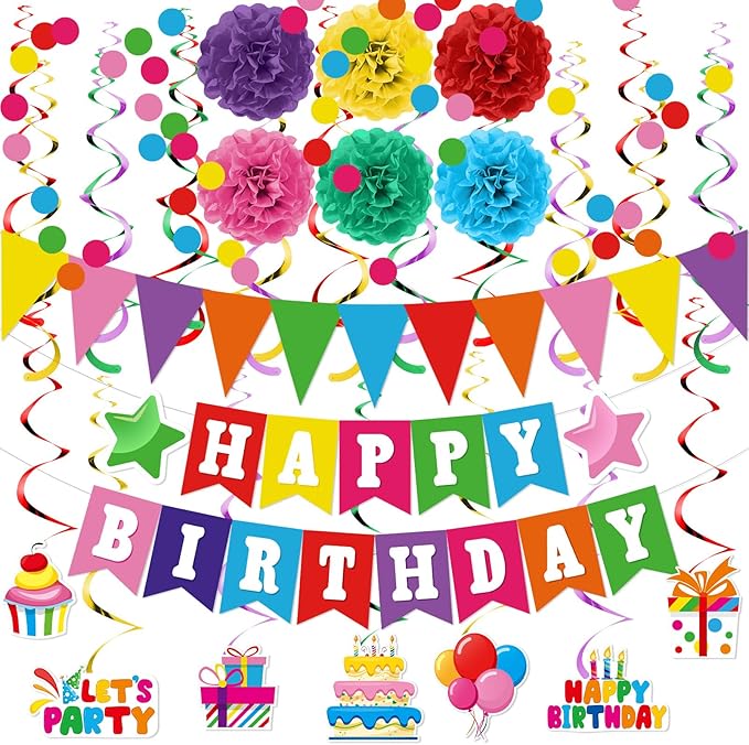 Clabby Rainbow Birthday Decorations Kit Including Colorful Happy Birthday Banner Hanging Swirls Streamers Cutouts Honeycomb Flower Balls Triangle Bunting Flag Circle Dots Confetti Garland Supplies