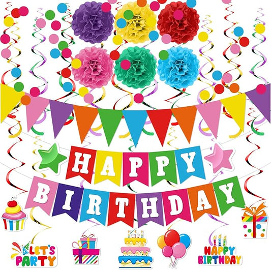 Clabby Rainbow Birthday Decorations Kit Including Colorful Happy Birthday Banner Hanging Swirls Streamers Cutouts Honeycomb Flower Balls Triangle Bunting Flag Circle Dots Confetti Garland Supplies