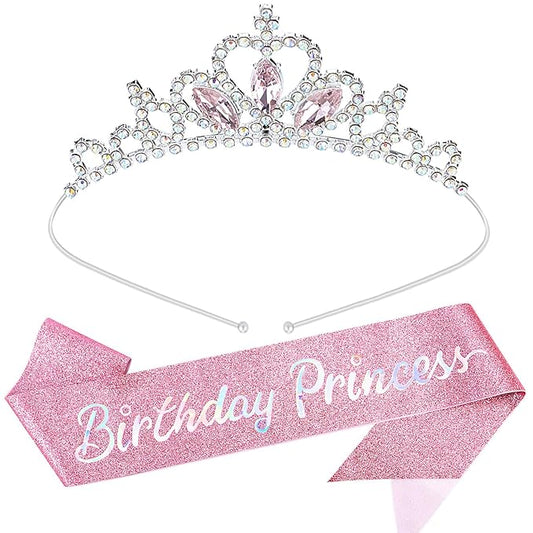 COCIDE Princess Sash and Tiara Set for Girls and Women - Happy Birthday Party Accessories Kit with Pink Crown, Crystal Rhinestone Tiara, Glitter Sash Decorations