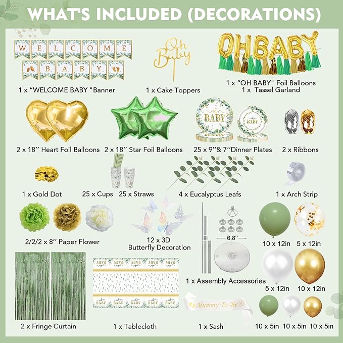 223Pcs Sage Green Baby Shower Decorations,"OH BABY" Banner, Balloon, Sash, Cake Topper for 25 Guests,Neutral Baby Shower Decor Supplies- Disposable Dinnerware Set With Eucalyptus Leaf