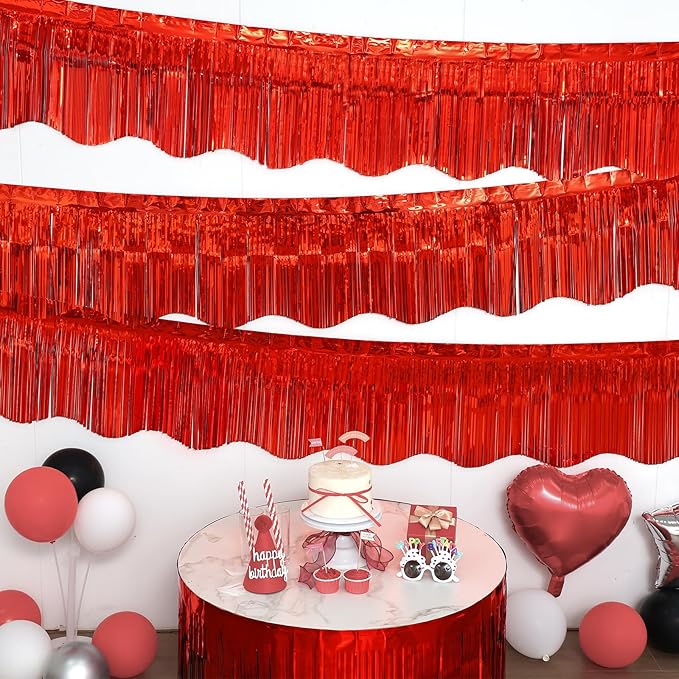 LOLStar 6 Pack Red Foil Fringe Garland Birthday Party Decorations, 59Ft Metallic Tinsel Streamers Banner, Glitter Photo Booth Prop Table Skirt for Valentines Day Parade Float Christmas Party Decor