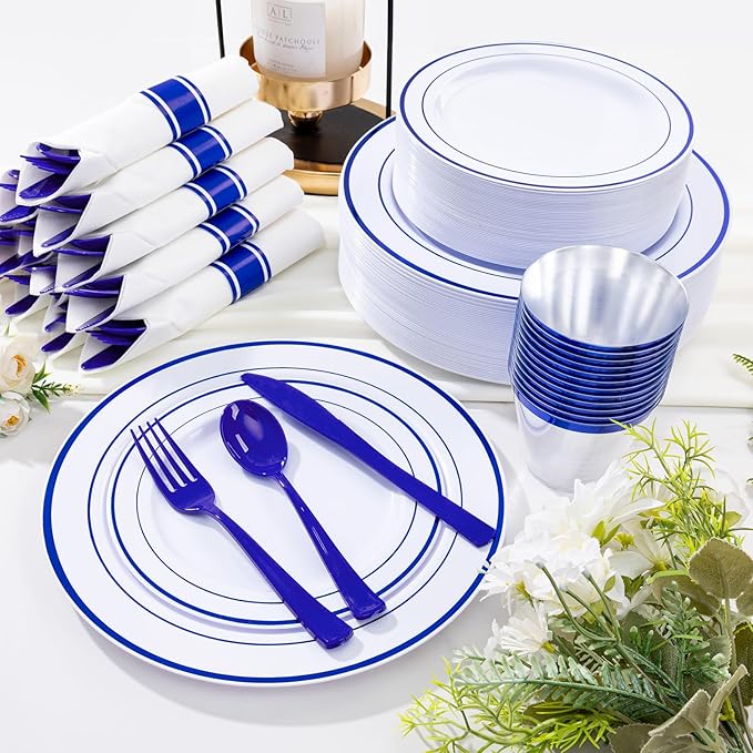 WELLIFE 210 Piece Blue Disposable Dinnerware Set,Plastic Plates for Party, Include: 30 Dinner Plates, 30 Dessert Plates, 30 Pre Rolled Napkins with Gold Silverware and 30 Gold Cups