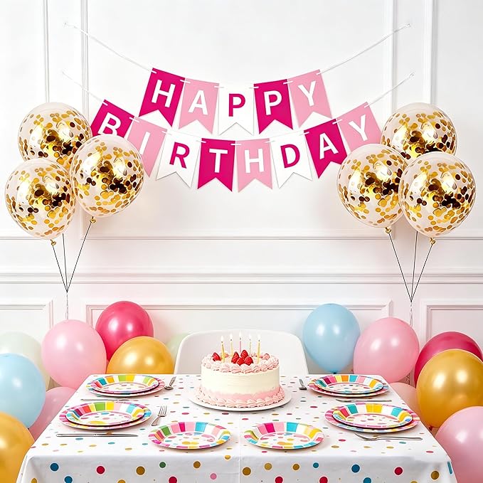 Happy Birthday Banner Sign Bunting Hanging Decorations with Shiny Gold Balloons Birthday Party Sign Decor for Party Supplies(Pink+White)