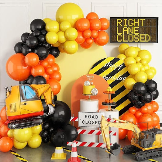 Construction Party Balloon Garland Kit, Construction Birthday Party Supplies Orange Black Yellow Balloon Garland with Truck Foil Balloon for Construction Quarantine Party Decorations