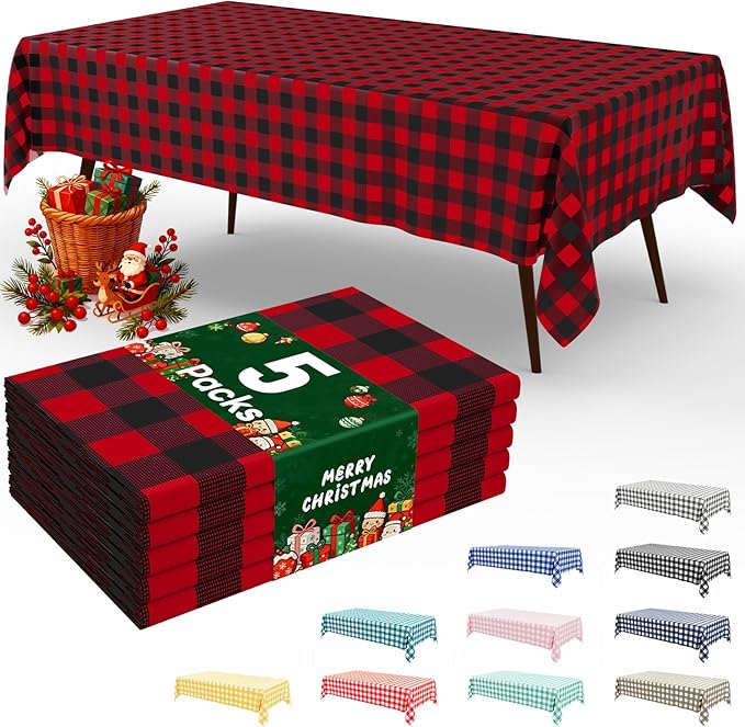 misaya 5 Packs Christmas Buffalo Disposable Table Cloth, 54 x 108 Inch Waterproof Plastic Tablecloth, Rectangle Black and Red Checkered Table Covers for Picnic, Birthday, Party