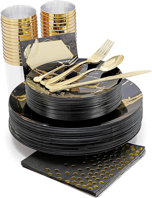 N9R 225pcs Black Gold Plastic Plates, Disposable Dinnerware Set Include 25 Dinner Plates, 25 Dessert Plate, 25 Plastic Silverware, 25 Mini Forks, Gold Cups, Napkins and Table Cards Halloween