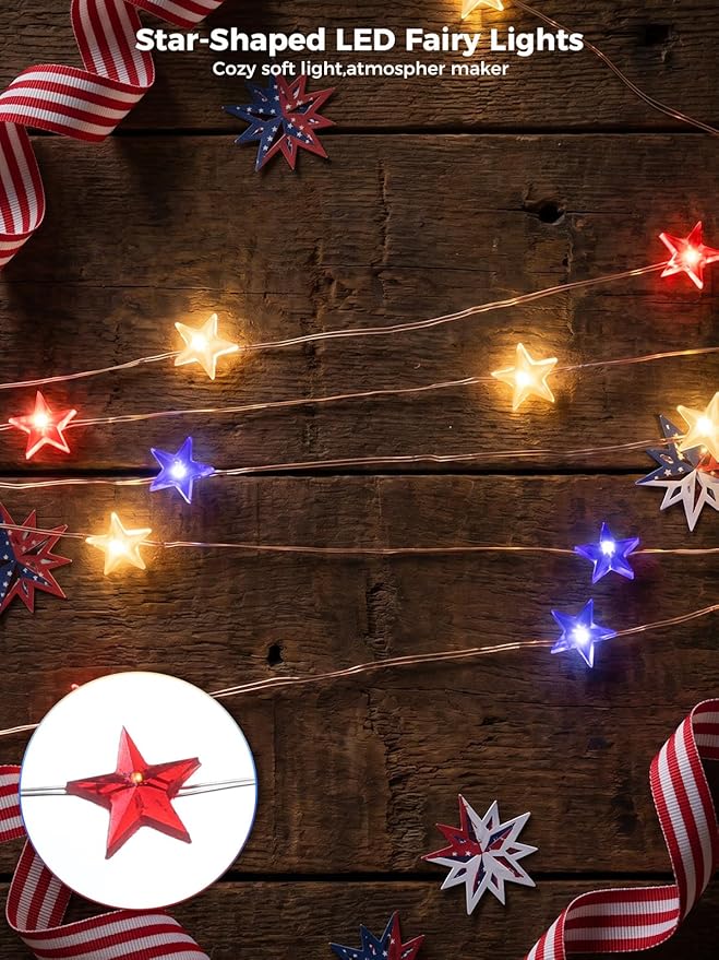 6 Packs 6.6ft 20 LEDs Star Fairy Lights Battery Operated,4th of July Decorations Mini Star String Lights,Waterproof Twinkle Starry Light for Independence Day Memorial Day,Red White and Blue