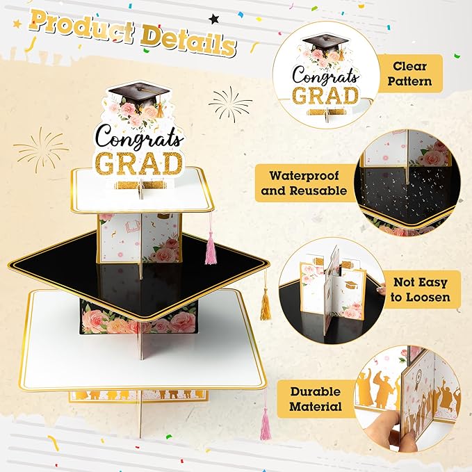 Haooryx Watercolor Flower Graduation Cupcake Stand - 3 Tier Pink Floral Graduation Hat Cupcake Tower Decor Candy Dount Dessert Holder for College High School Congrats Grad Party Table Decor Supplies
