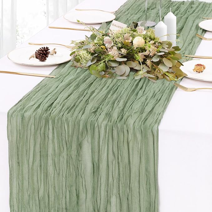 Sage Green Cheesecloth Table Runner 10FT Rustic Sheer Gauze Table Runners 120 Inch Boho Cheese Cloth Table Decorations for Wedding Bridal Spring Baby Shower Home Decor