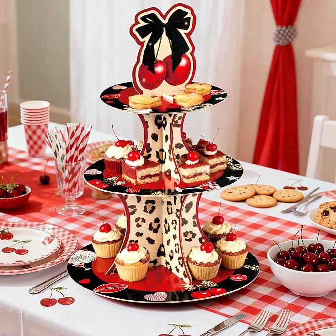 Haooryx Cheetah Cherry Cupcake Stand - 2Pack 3 Tier Red Cherry Bow Leopard Print Cupcake Tower Cardboard Dessert Holder Pastry Platter for Baby Shower Girls Birthday Wedding Holiday Party Table Decor