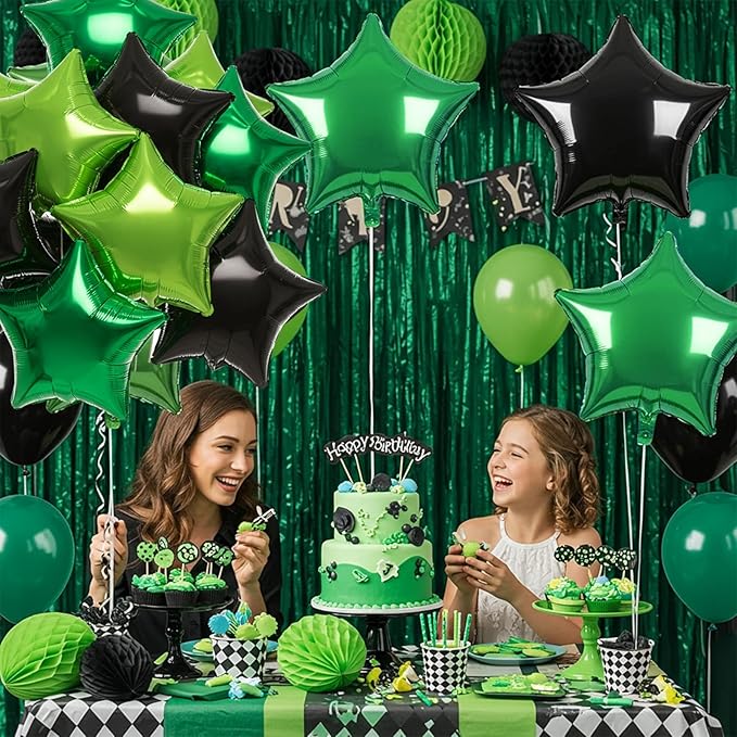 TONIFUL 15Pcs 18 Inch Large Green Black Star Shape Foil Balloons Big Stars Helium Mylar Ballons for Birthday Wedding Baby Shower Anniversary Engagement Party Decorations Supplies