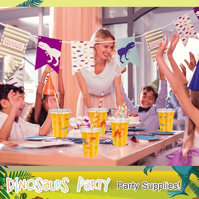 FoldTier 50 Pcs Dinosaur Cups for Kids 12 oz Disposable Plastic Cups with Straws and Lids Dinosaur Clear Cup Birthday Party Cups Supplies for Kids Birthday Table Decorations Party Favor