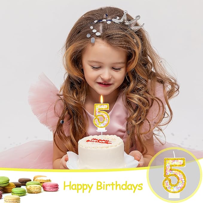 5th Birthday Candle for Cake, Colorful Macaron Numeral Candles for Girls/Boys, Sponge Birthday Party Cake Decorations, Golden Cake Topper(Number 5)