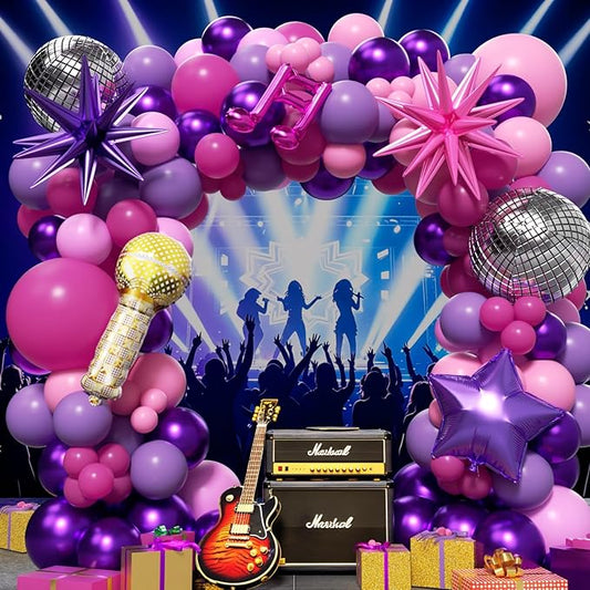 K-Pop Music themed Birthday Decorations 160Pcs, Hot Pink Metallic Purple Balloon Garland Arch Kit with Disco Notes Star Foil Balloons for Girls Fans Birthday Grad Prom Princess Party Decor
