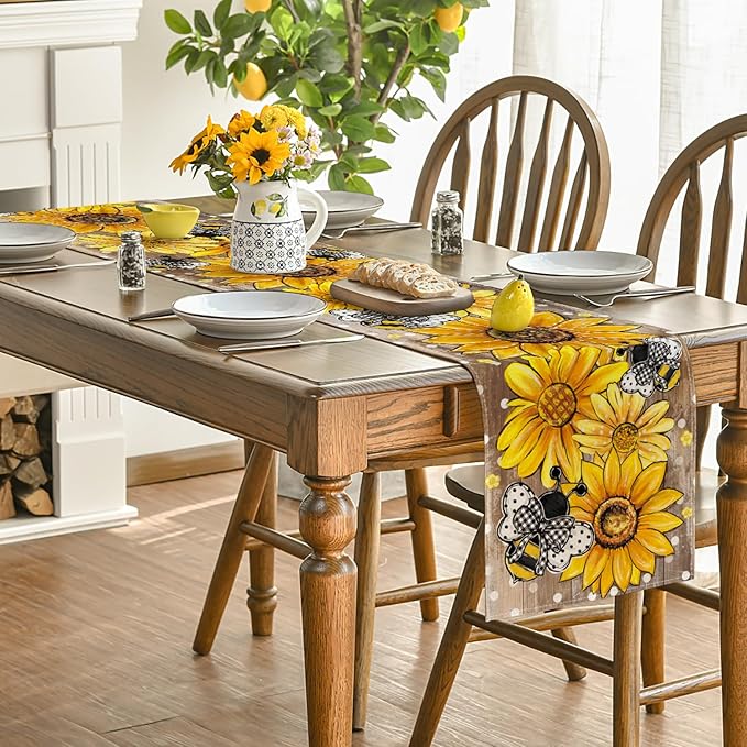 Artoid Mode Wood Sunflower Bee Flower Polka Dot Summer Table Runner, Seasonal Kitchen Dining Table Decoration for Home Party Decor 13x90 Inch