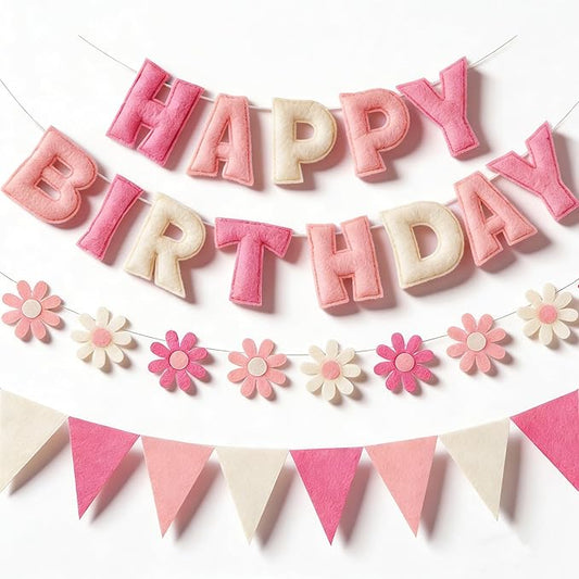 YEOCU Felt Birthday Decorations, NO DIY, Pre-Strung 3D Felt Happy Birthday Banner with Fabric Flower Garland, Colorful Triangle Flags, Birthday Party Decorations for Women Men Boys Girls (Pink&White)
